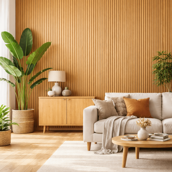 Salotto moderno con parete di legno