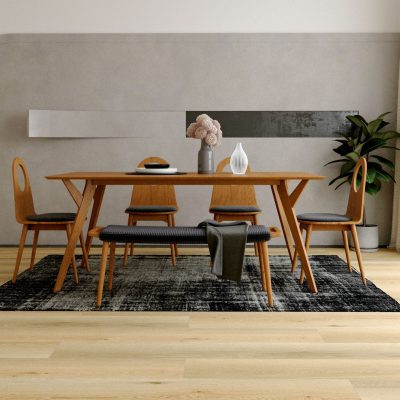 Una sala da pranzo con un tavolo e il pavimento ESPC per interni del modello XL.